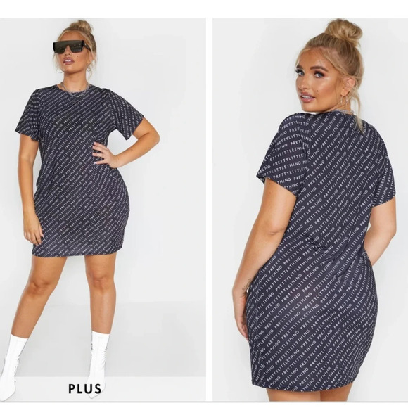 PRETTYLITTLETHING Plus Black Oversized T Shirt  Dress - Picture 1 of 16